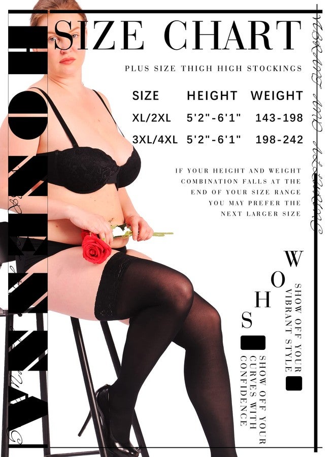 HONENNA Plus Size Thigh High Stockings, Semi Sheer Stay Up Lingerie Lace Top Pantyhose for Women, 2 Pairs - Image 3